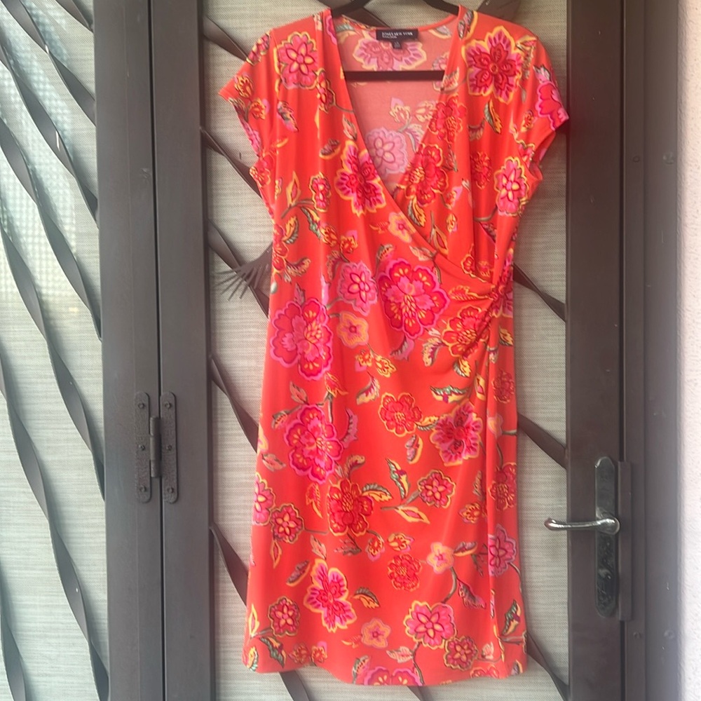 🌺 Jones New York Bright Floral Short Sleeve Mock Wrap V-Neck Dress 🌺